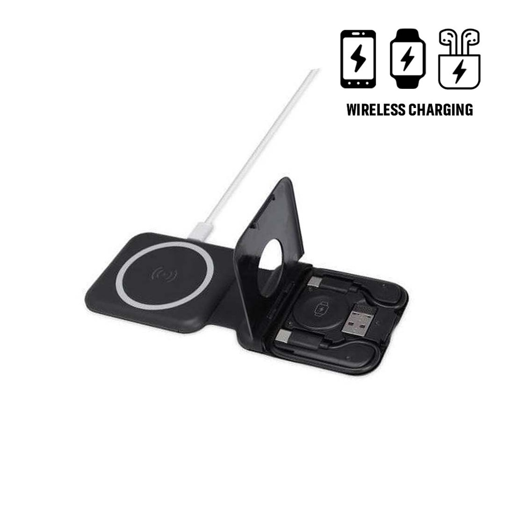 TURIN - @memorii Foldable 2-in-1 Wireless Charger and Multicable Set - Black