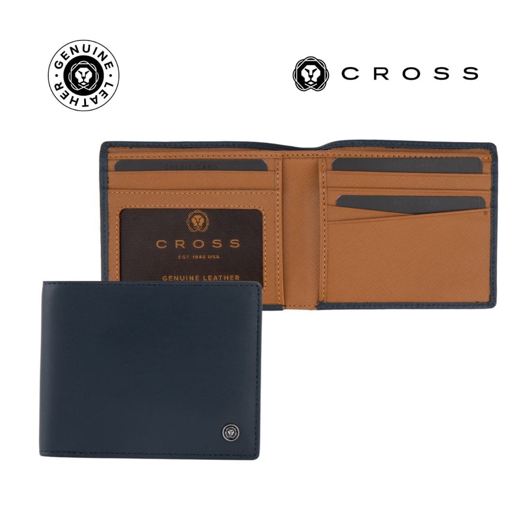 CROSS Soft Grain Leather Two-Tone 8CC Bifold Wallet - Blue/Mocha